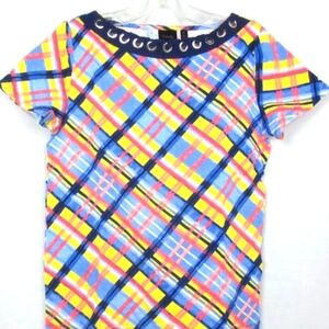 New Ella Rafaella Top Blue Yellow Colorful Cotton Lattice Plaid Print Size M